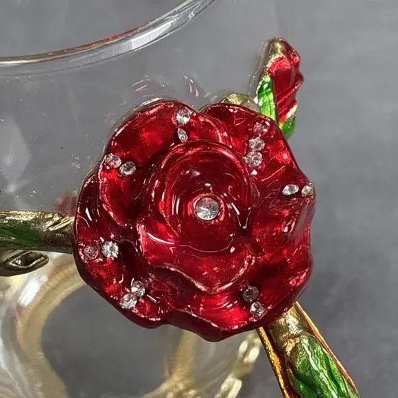 Elegant Tea Cup Glass Coffee Mug Enamel Rose Flower Butterfly ARC and Spoon - Picture 11 of 16